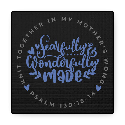 Knit Together - Fearfully and Wonderfully Made | Small or Large Canvas (Blue Letters on Black)